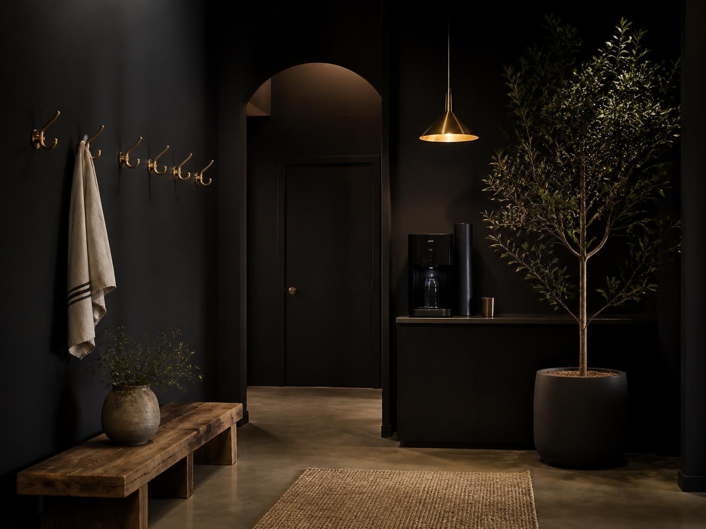 Dark studio entryway with brass hooks, a wooden bench, a water station and an olive tree