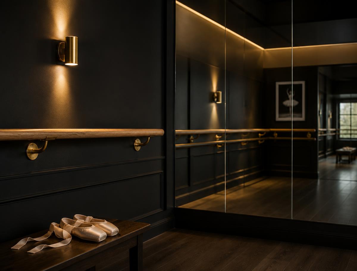 Studio corner with a wooden barre, mirrored wall and gold wall light