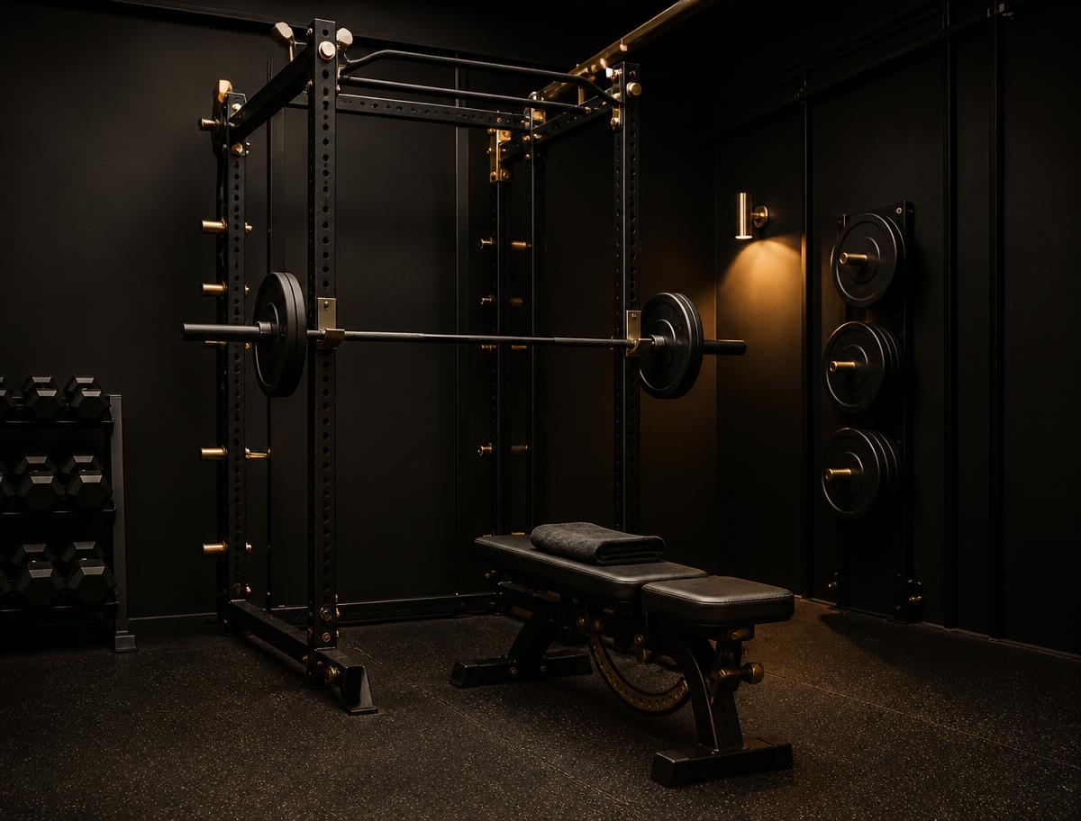 Private training room with a squat rack, loaded barbell, bench and folded towel